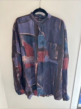 Mens Vintage Abstract Silk Print Button-Up - Multicolor
